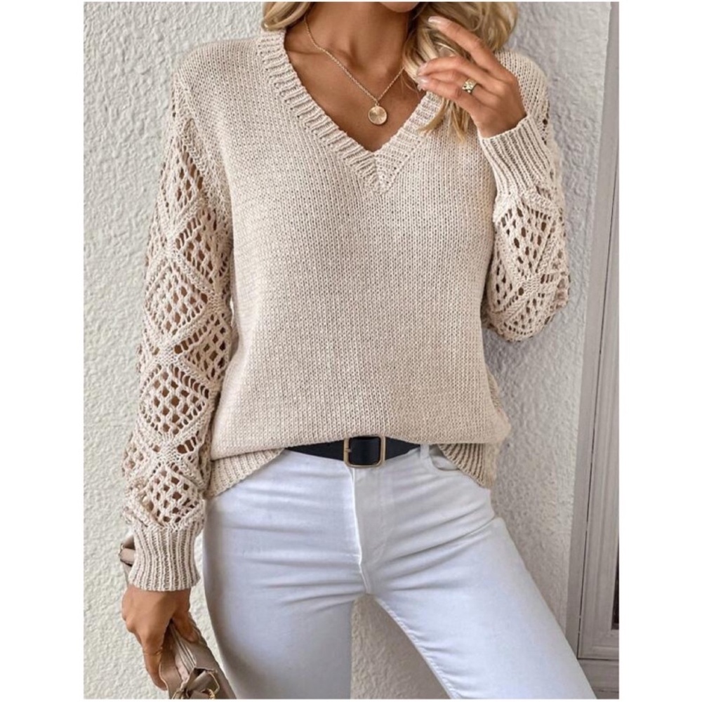 Cozy Beige V Neck Sheer Sleeve Oversized Sweater S M L XL